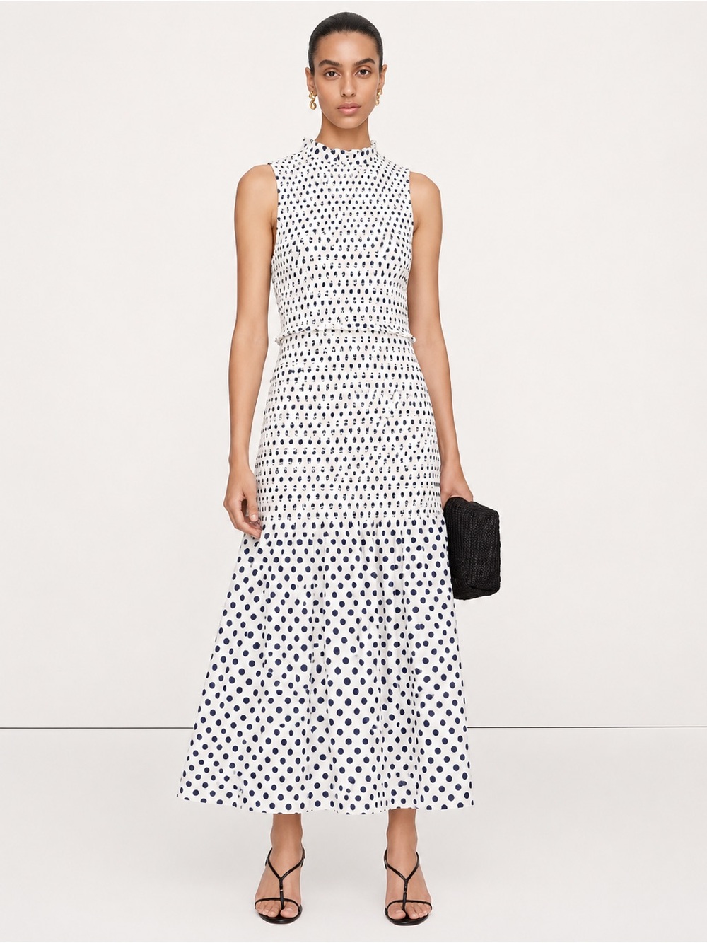 J. Crew | Smoked Cotton Poplin Drop Waist Dress in Navy Dot Print NWT ~ Large
